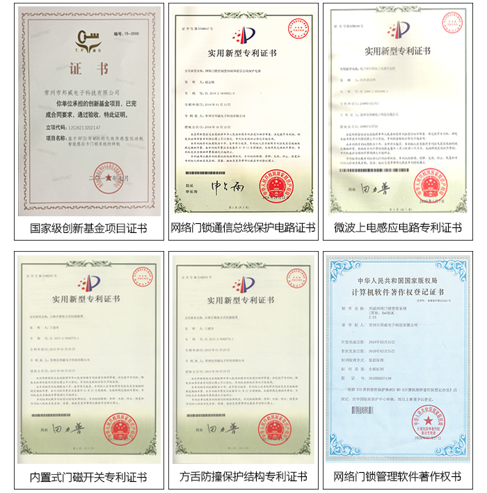 BW823有线联网门锁系统——专利证书，网络门锁通讯总线；さ缏分な，微波上电感应电路证书等