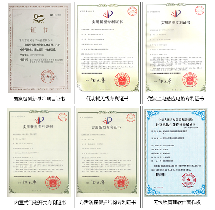 BW483办公远距离无线锁系统——专利证书：内置式门磁开关证书，方舌防撞；そ峁怪な，无线锁治理软件证书等