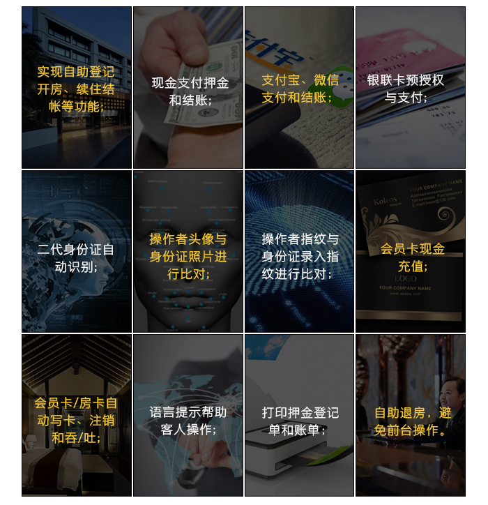 蓝盾桑拿治理软件系统的主要硬件——旅馆自助挂号机的主要功效：实现自主挂号开房，现金支付和结账，支付宝、微信支付和结账，自助退房，身份证自动识别，指纹录入比照，打印挂号单与账单等。